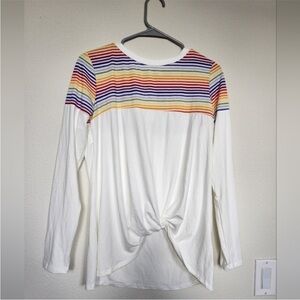 Medium Red Lolly, long sleeve rainbow shirt, knot at bottom